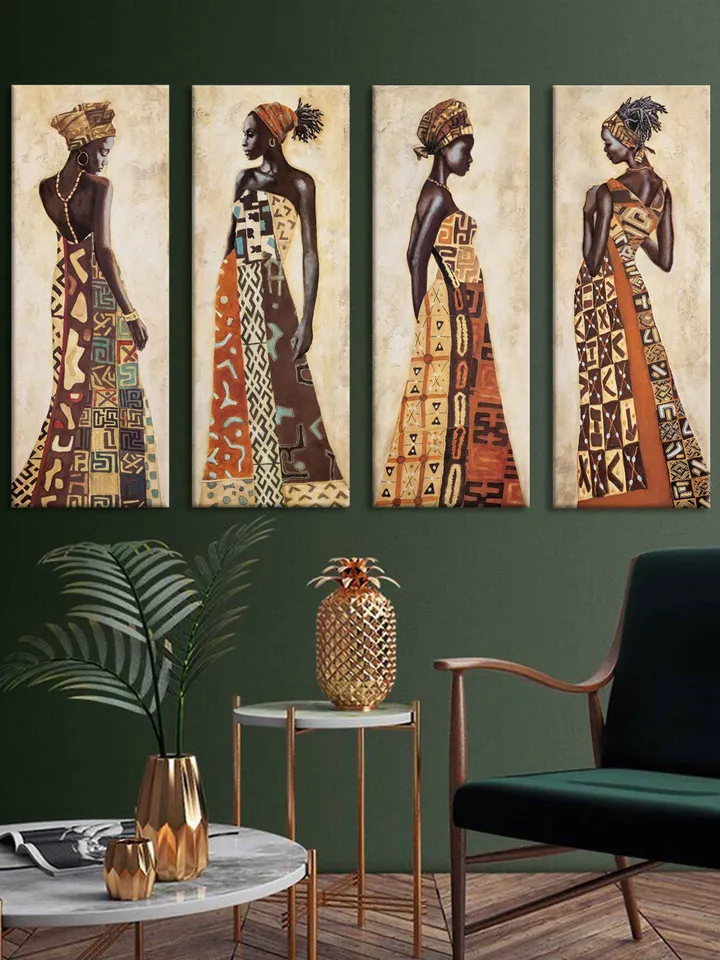 Set of 4 Ethnic Art , African woman modern wall art, African girls, Black African Woman Wall Art, African Ethnic Artwork,Antique African Art