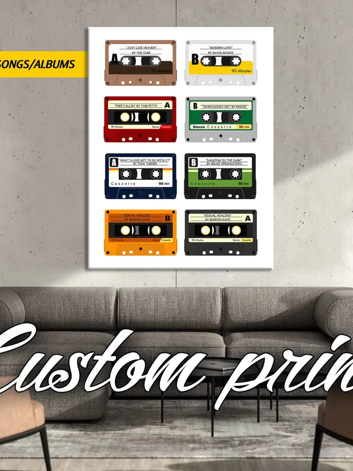 Personalised Cassette Print, Retro Audio Cassette Tapes, Large Canvas Print Retro Wall ArtPoster - Add your favourite songs, Retro Music Art