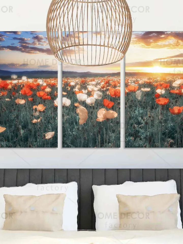 Sunset flowers Fields landscape, Red flowers field suset, field wall decor, Interior design, Canvas Print Wall Art, wall art Sunset