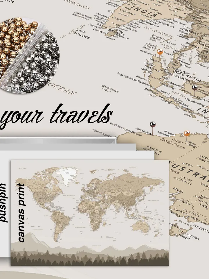 Huge Classic World Map Push Pin canvas print Personalized Modern political World Map Canvas Travel Gift World Travel Map dark Pin Board Wall