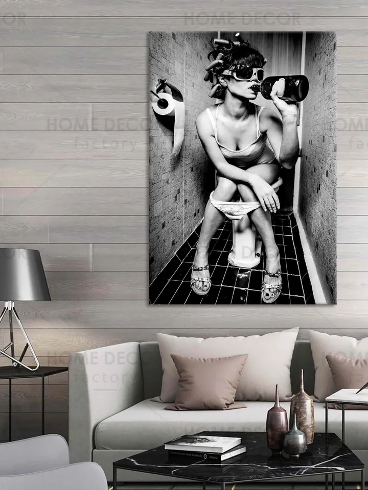 Sexy Girl Drinking Art Canvas Print Vintage Style Canvas Wall Art Ready To Hang Black and White Style Print Smoking in the Toilet Art Wall