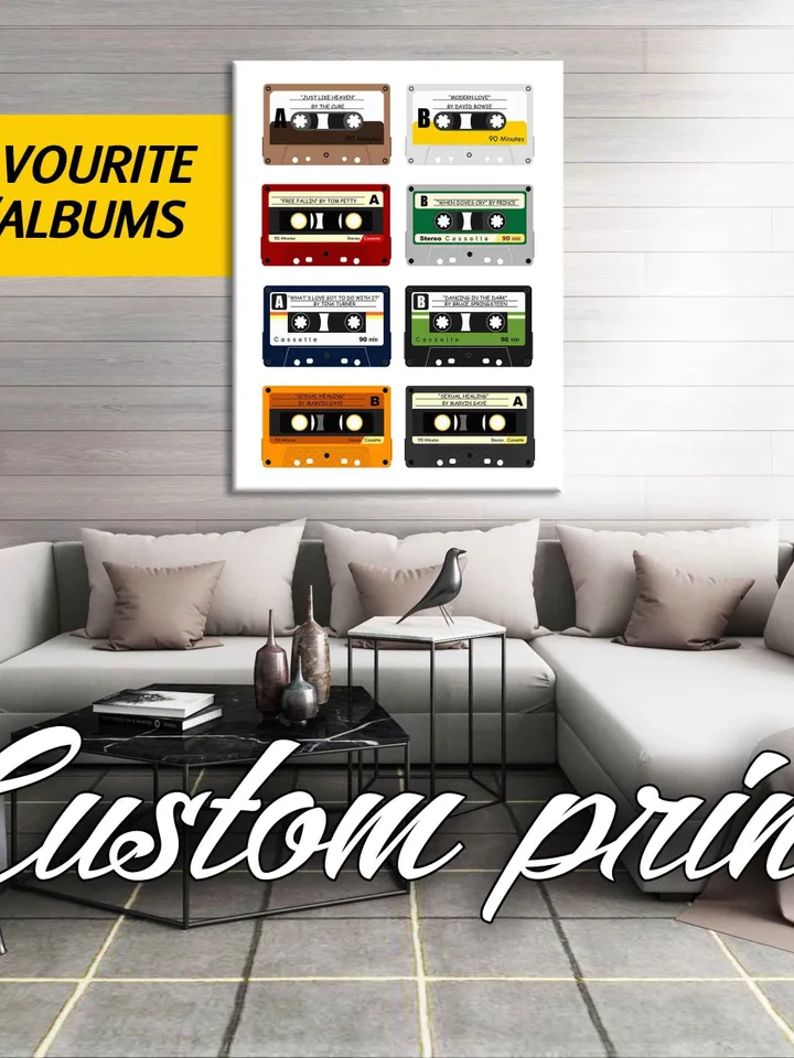 Personalised Cassette Print, Retro Audio Cassette Tapes, Large Canvas Print Retro Wall ArtPoster - Add your favourite songs, Retro Music Art