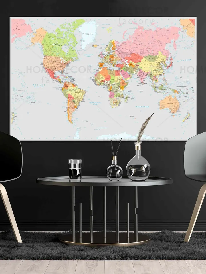 Personalized Modern Detailed Political World Map Wall Art, World Map Canvas print Travel Gift Rustic Travel Map, countries map of the world