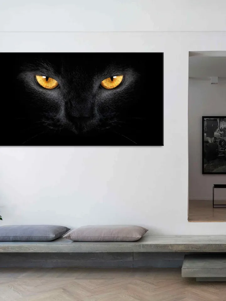 Cat eyes print Black Cat wall art Cats canvas print Black Cat yellow eyes Poster Cat lovers gifts Black and white wall art home decor