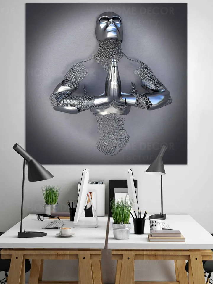 Metal figure Print Canvas Pictures 3D Effect man prayingChain style canvas Cyberpunk Wall Art Silver Metal Canvas Print Artwork Love