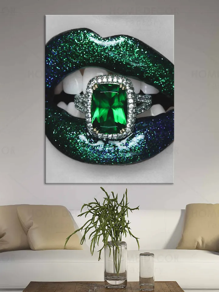Green lips print art Fashion canvas print, Fashion wall art, Green Fashion wall art, Fashion Poster, gift for gypsy decor for beauty salon