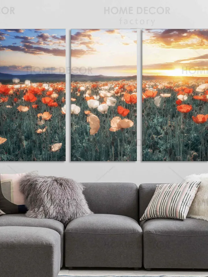 Sunset flowers Fields landscape, Red flowers field suset, field wall decor, Interior design, Canvas Print Wall Art, wall art Sunset