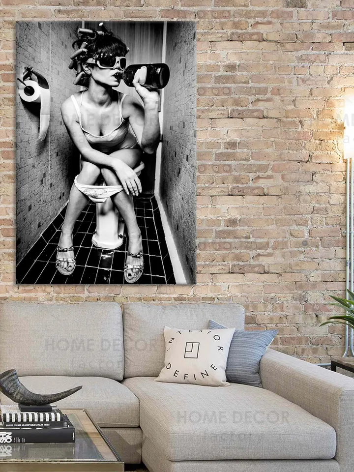 Sexy Girl Drinking Art Canvas Print Vintage Style Canvas Wall Art Ready To Hang Black and White Style Print Smoking in the Toilet Art Wall