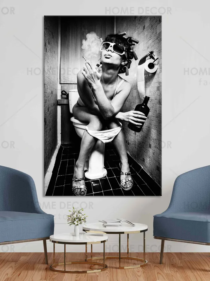 Girl Smoking and Drinking Art Canvas Print Vintage Style Canvas Wall Art Ready To Hang Black and White Style Print Smoking in the Toilet Art
