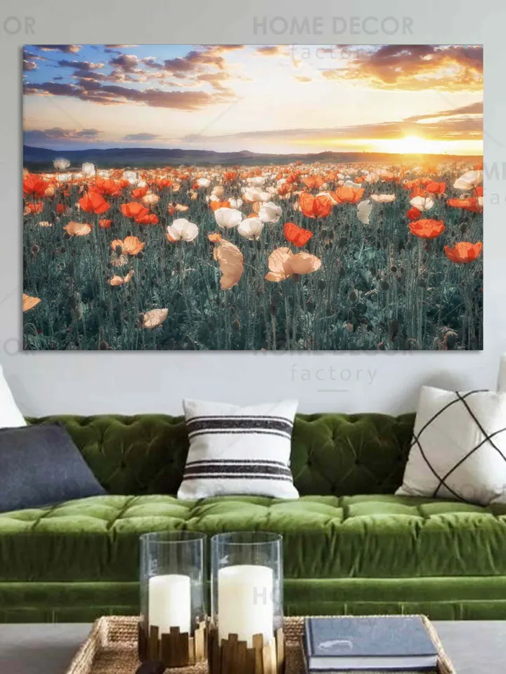 Sunset flowers Fields landscape, Red flowers field suset, field wall decor, Interior design, Canvas Print Wall Art, wall art Sunset