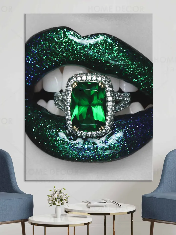 Green lips print art Fashion canvas print, Fashion wall art, Green Fashion wall art, Fashion Poster, gift for gypsy decor for beauty salon