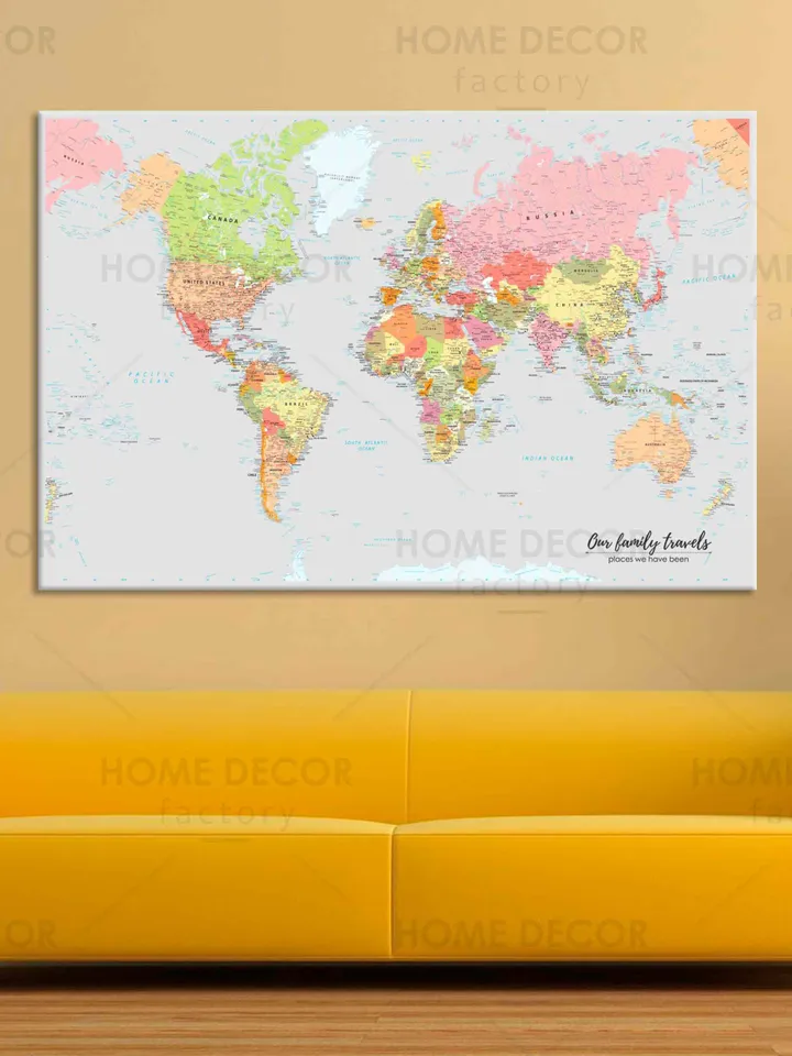 Huge Classic World Map Push Pin canvas print Personalized Modern political World Map Canvas Travel Gift World Travel Map dark Pin Board Wall