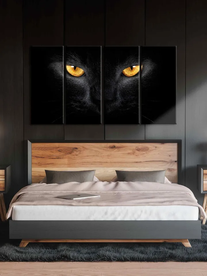 Cat eyes print Black Cat wall art Cats canvas print Black Cat yellow eyes Poster Cat lovers gifts Black and white wall art home decor