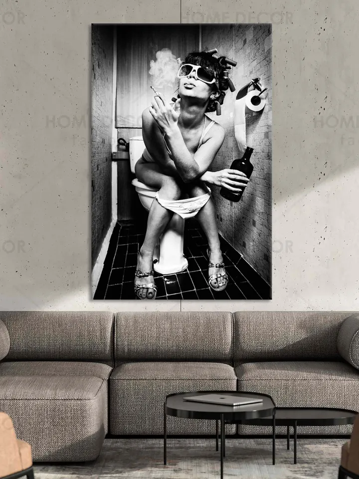 Girl Smoking and Drinking Art Canvas Print Vintage Style Canvas Wall Art Ready To Hang Black and White Style Print Smoking in the Toilet Art
