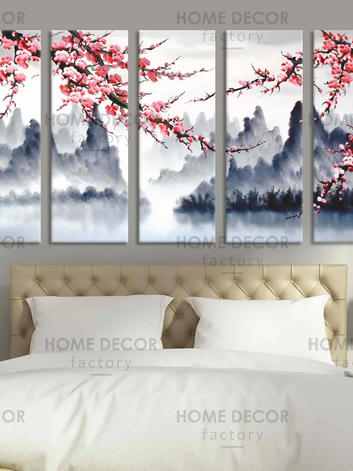 Japanese Cherry blossom art Oriental Mountain Landscape Print, Monochrome Ink Cherry blossom Art Zen Japan wall art Mountain Landscape Art