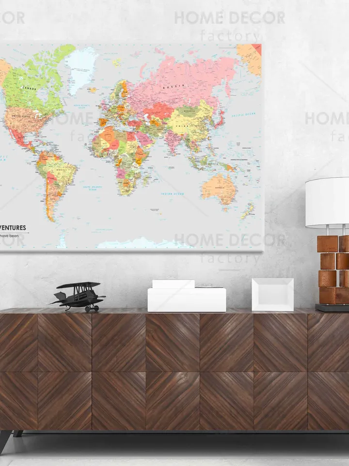 Huge Classic World Map Push Pin canvas print Personalized Modern political World Map Canvas Travel Gift World Travel Map dark Pin Board Wall