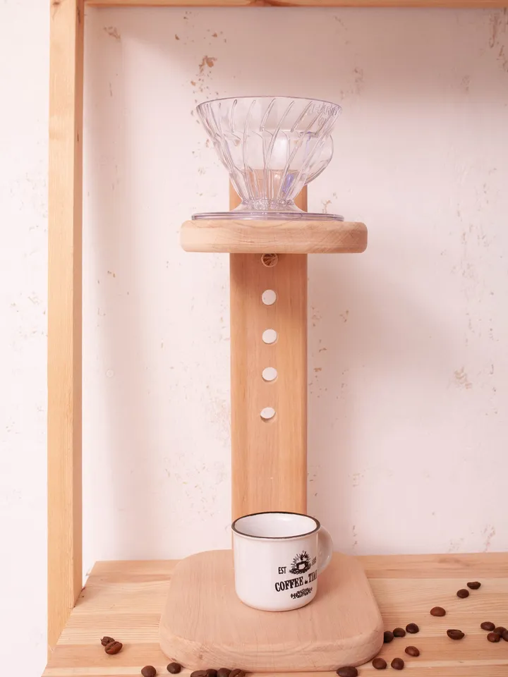 Light brown Wooden Pour Over Coffee Stand Handmade coffee drip wood stand with filter Modern Style Wooden Drip Stand Coffee Pour Over Stand