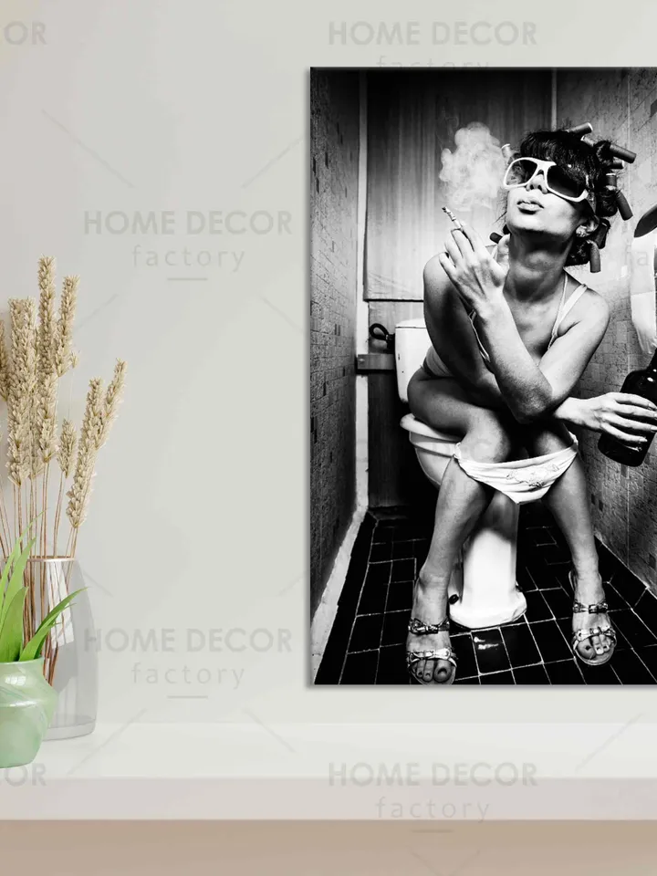 Girl Smoking and Drinking Art Canvas Print Vintage Style Canvas Wall Art Ready To Hang Black and White Style Print Smoking in the Toilet Art