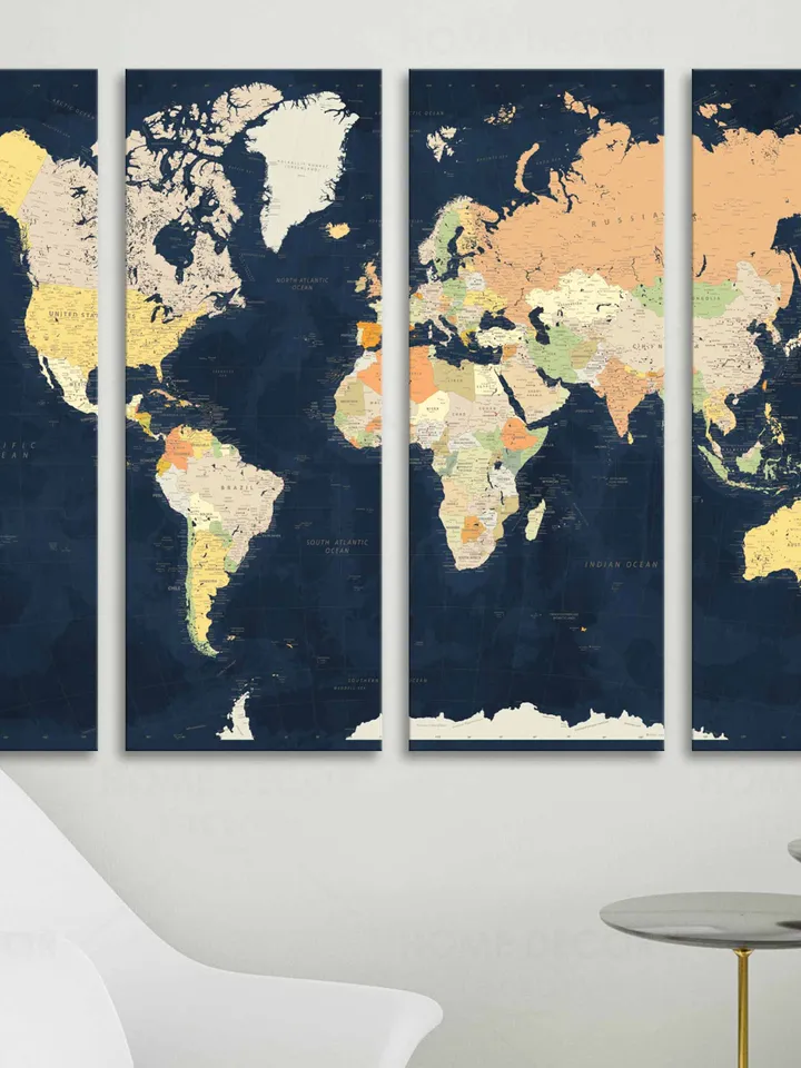 Personalized Modern Travel Map Wall Art, Blue dark background World Map Canvas print Travel Gift Rustic Travel Map, Modern Map Ready to hang