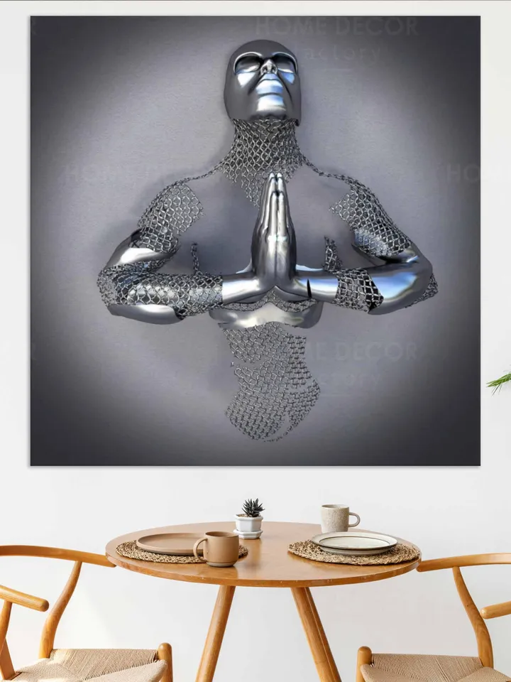 Metal figure Print Canvas Pictures 3D Effect man prayingChain style canvas Cyberpunk Wall Art Silver Metal Canvas Print Artwork Love