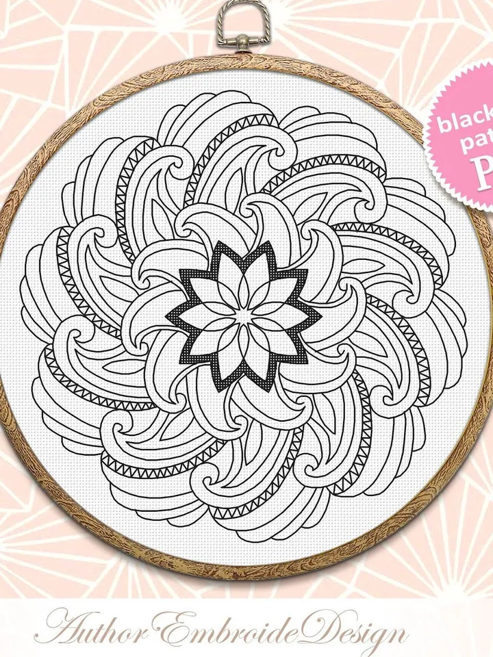 Geometric mandala blackwork pattern PDF instant download Backstitch chart, Blackwork mandala embroidery PDF, Mandala art, Home decor #W43