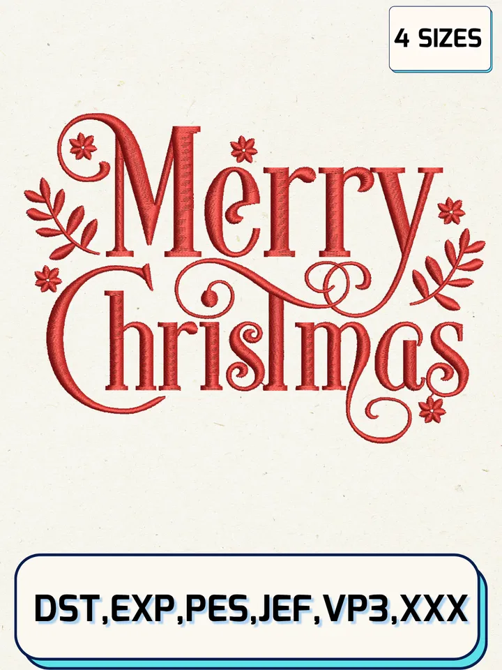 Merry Christmas Embroidery Design Files,Christmas Embroidery Designs,Machine Embroidery Files,4 Sizes