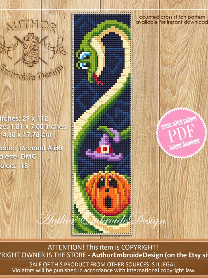Halloween bookmark cross stitch pattern PDF download Snake cross stitch chart, Bookmark pattern digital PDF, Halloween pumpkin stitch #B360