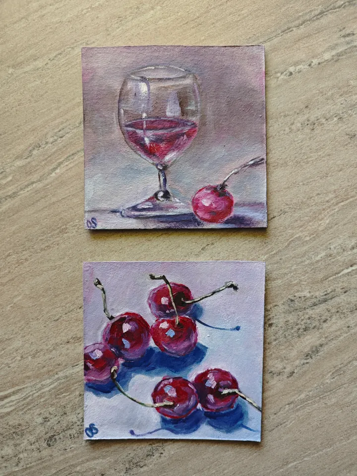 Cherry And Glass Of Red Wine Original Painting Fruit Glass Of Wine Original Art Cherry And Glass Modern Artwork Bright Cherry Glass Wine Oil Painting Cherry Fruit Glass Of Wine Wall Art Decor 5 x 5 inches by OlgaSokolovaArt