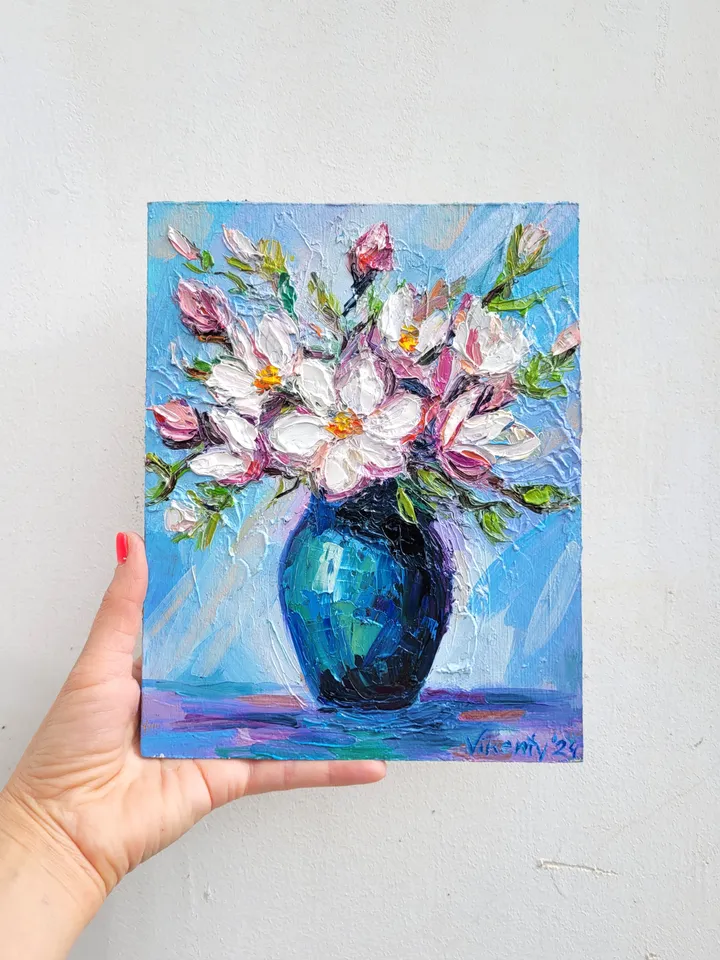 Magnolia Painting Flower Original Art Impasto Oil Painting 7x9 Blossom Painting Abstract Bouquet Painting Birth Month Flower by ArtFromVictoria