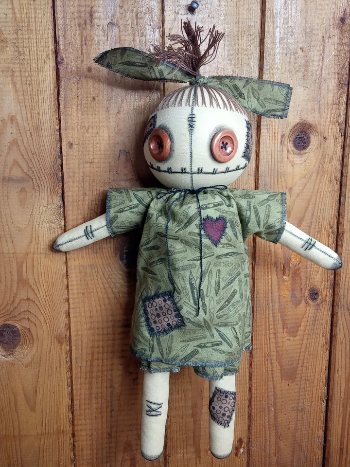 Handmade Doll With Button Eyes (Muddy Green)