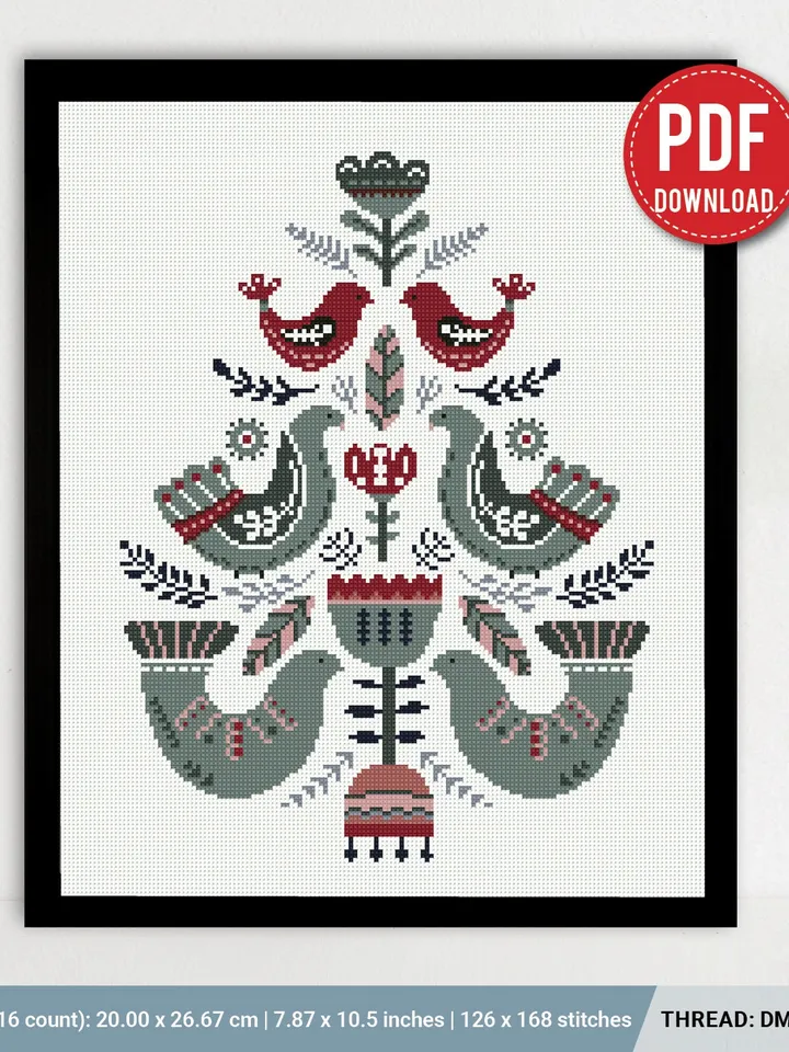 Scandinavian Christmas Tree stitch pattern, Bird, ornament, New Year decor cross stitch pattern, counted, gift DIY, embroidery, instant PDF