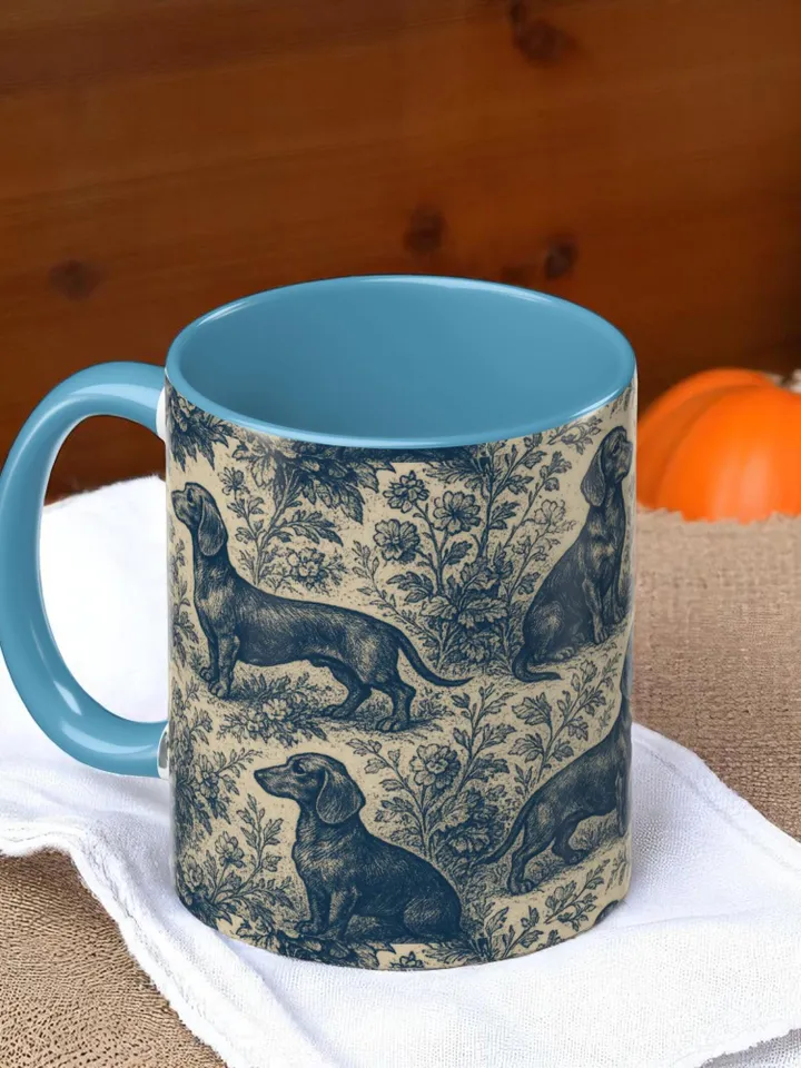 Dachshund French Toile de Jouy Ceramic Mug, Toile Coffee Cup for Doxie Mom, Sausage Dog Lover Gifts, Dog Tea Drinkware, Gift For Dog Lovers