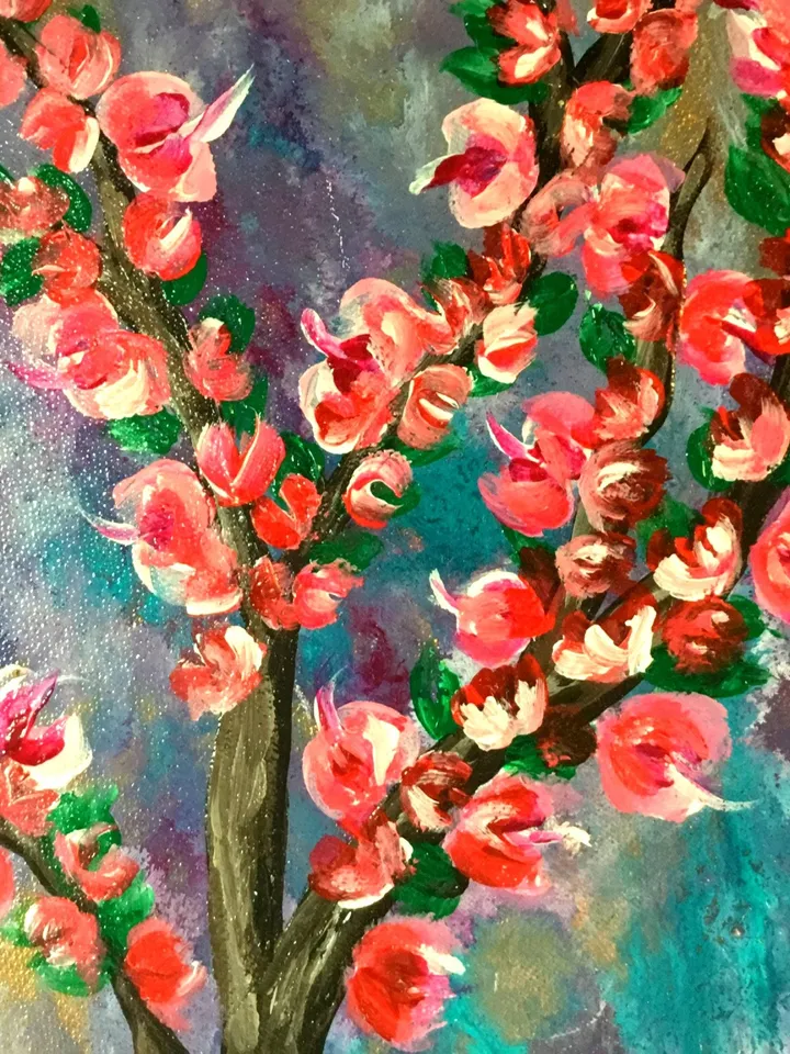 Flowers painting,Bright flowers on round canvas board,acrylic,not framed.