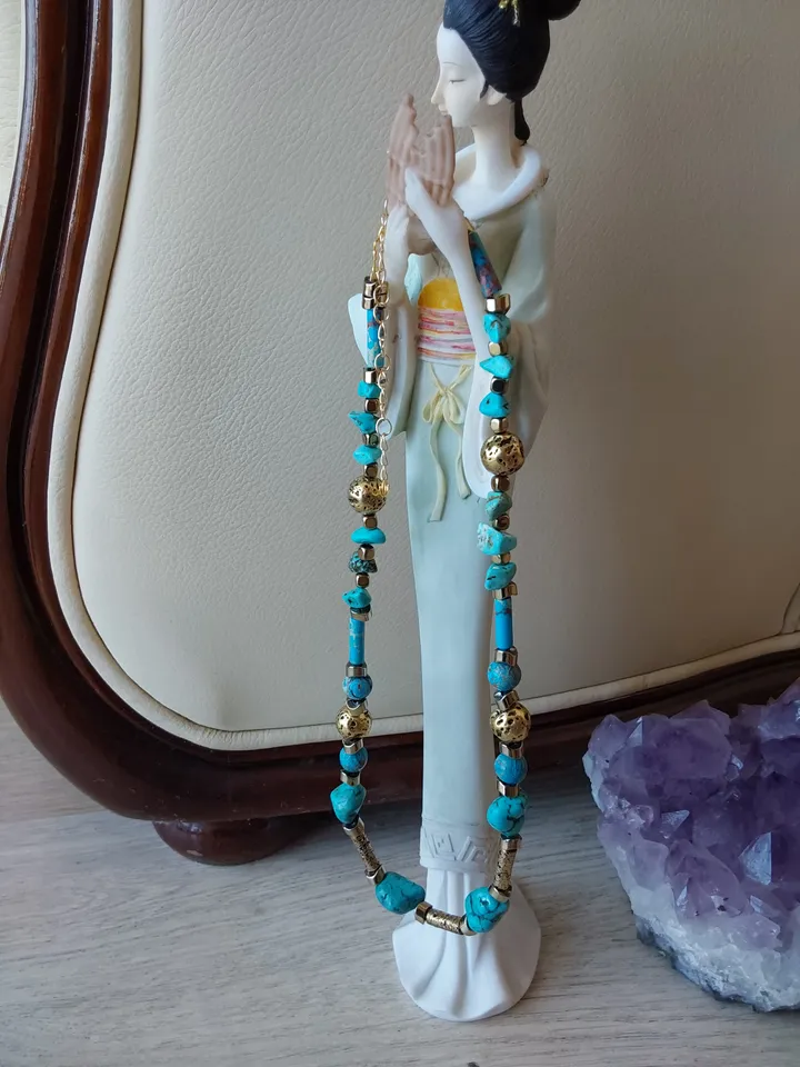 Choker, necklace, beads made of turquoise, volcanic lava, tinted in antique gold colorand, gilded hematite. Length 42-50cm