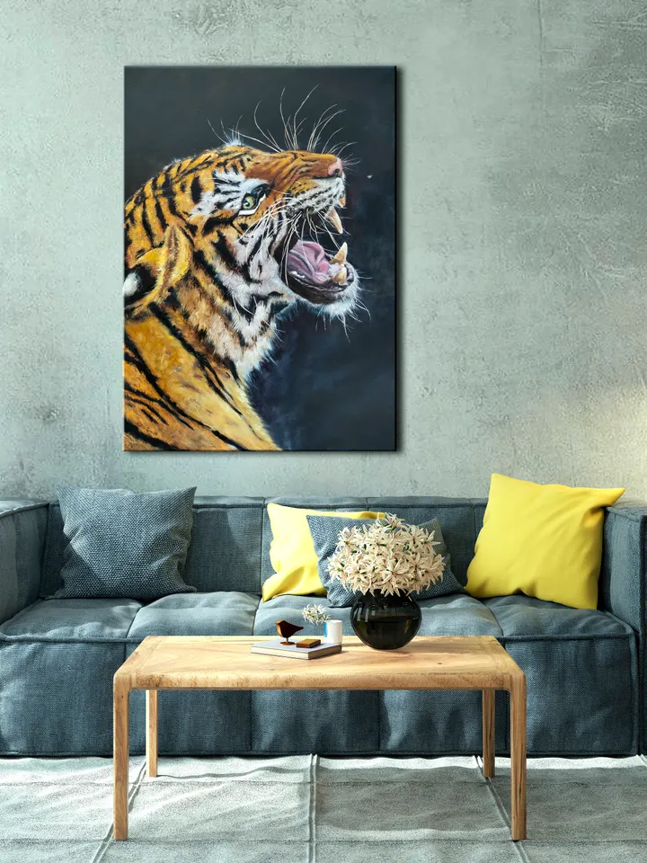 Oil painting Tiger on black background Minimalistic wild animal Wallart on canvas