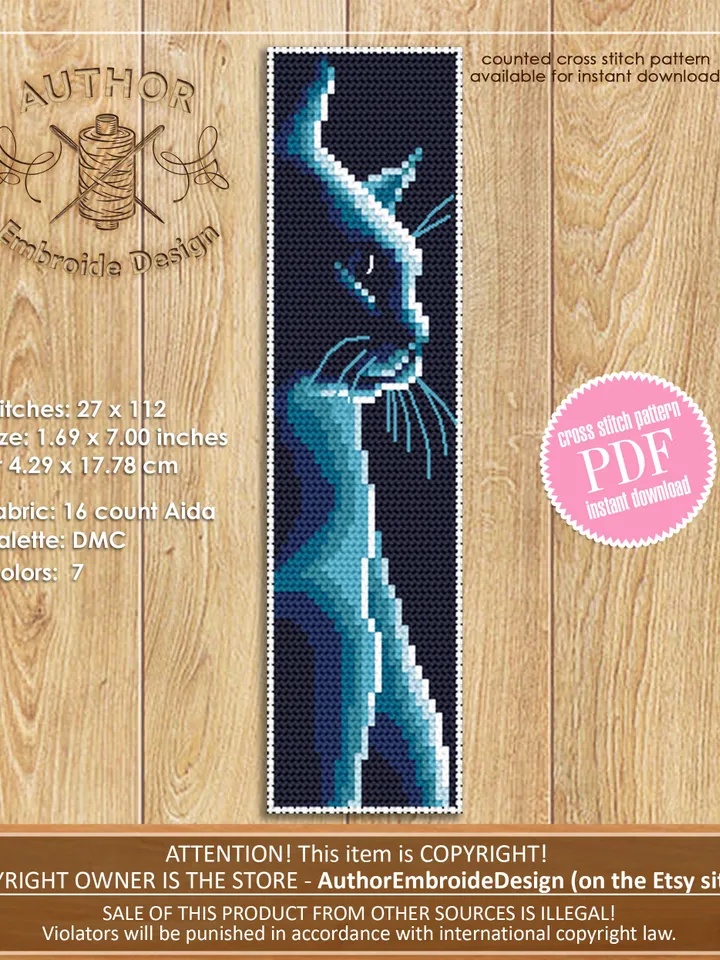 Bookmark cross stitch pattern download PDF Funny cross stitch cat silhouette Cute Black cat Handmade bookmark digital Cat lover gift #B64