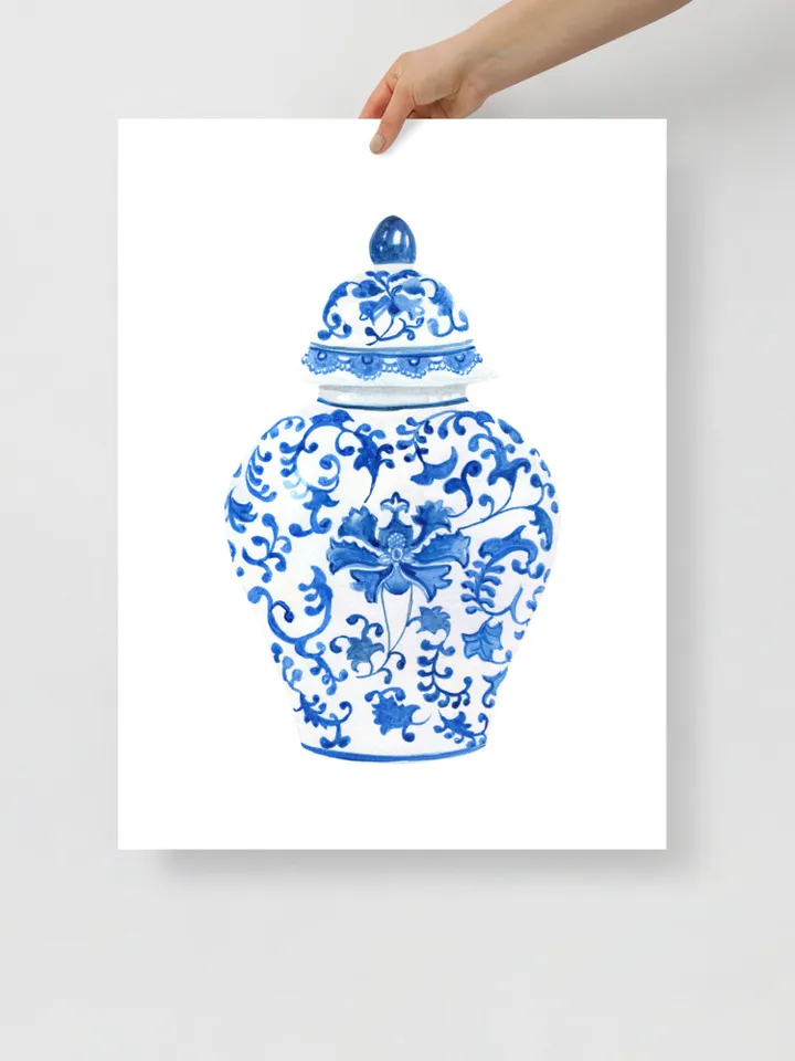 Chinoiserie Vase Watercolor Painting Blue And White Ginger Jar Art Vintage Chinoiserie Print Modern Wall Art Gifts For Her Living Room Print