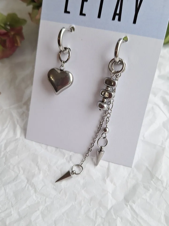 Asymetrical stainless steel earrings and hematite Heart and chain earrings Hoops transformer earrings Gift for her Trendy earrings