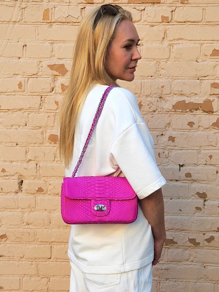 Genuine python skin midi crossbody bag fuchsia colour, summer bright chain crossbody, elegant classy crossbody bag genuine leather summer