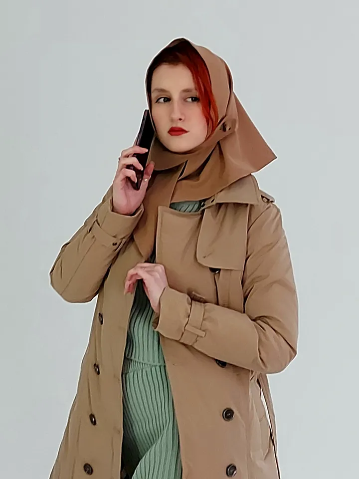 Headscarf women's waterproof head scarf made of cotton raincoat with a button in camel color spring 2024 headwear, fashion accessory