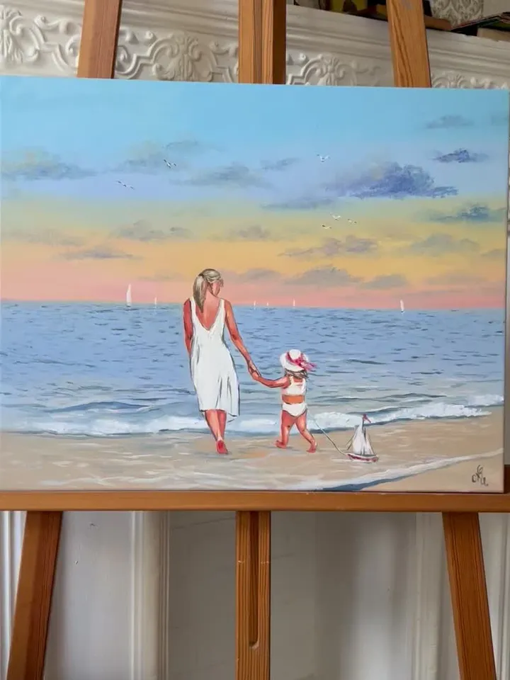 Original oil painting on canvas mom and daughter at sea seascape