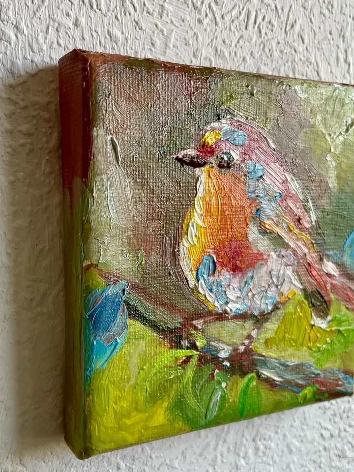 Robin Bird Painting, Original Oil painting on Canvas, Mini Canvas Art, Tiny Bird Artwork