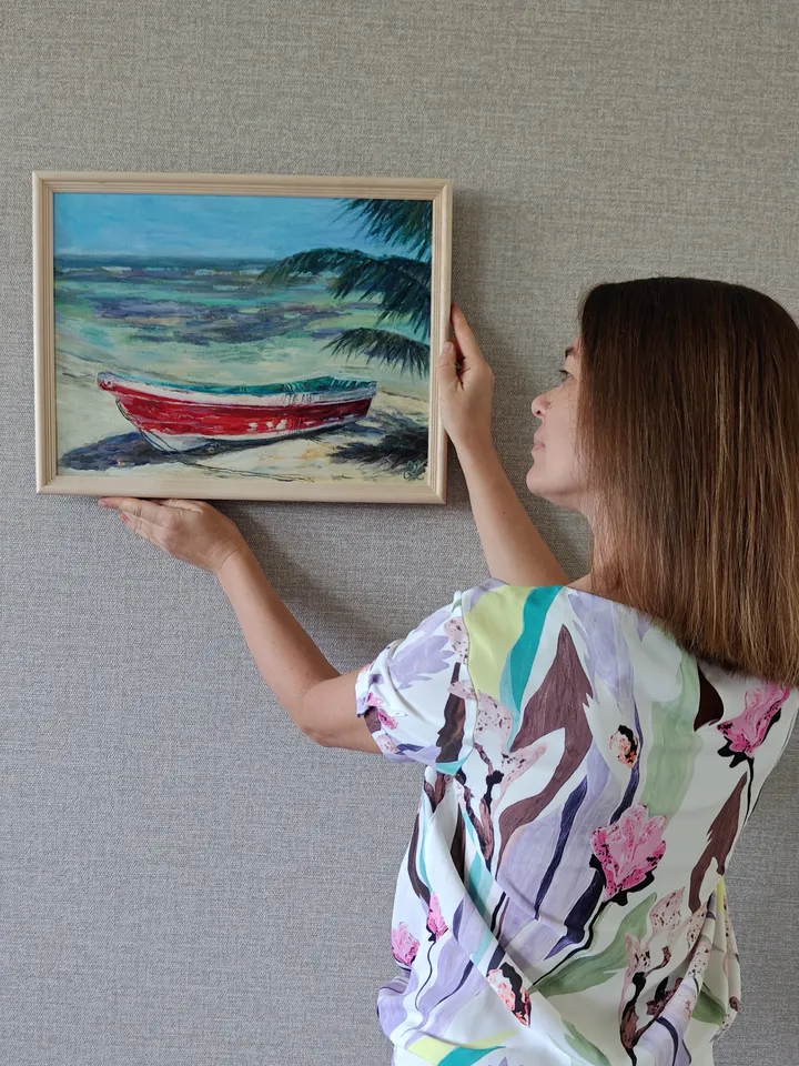 Boat oil painting beach artwork