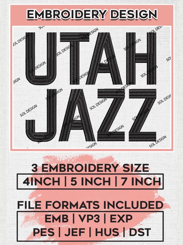 NBA Utah Jazz Text Logo Embroidery Designs, Utah Jazz Embroidery Design Files, NBA Machine Embroidery Designs, NBA Embroidery Designs, Digital Download