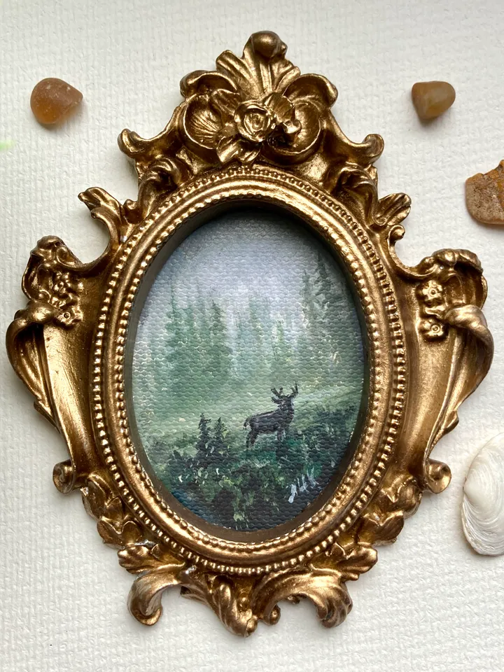 Forest Landscape Oil Painting Original In Vintage Style Frame Small Framed Oval Painting Art
