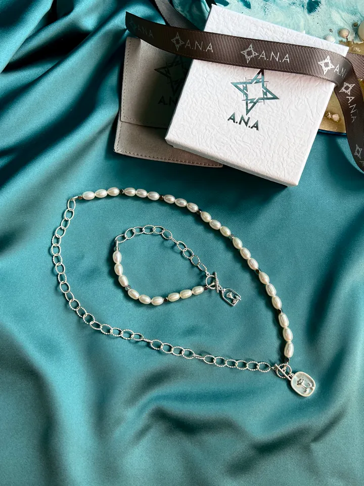 Pearl Silver 925 Jewelry Set Necklace Bracelet BELLE