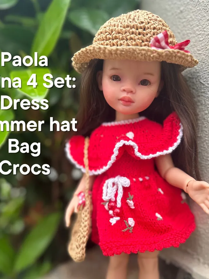 Paola Reina Doll 4 ITEMS Set: Exclusive Handmade Outfit - Dress, Summer hat, Bag, Crocs