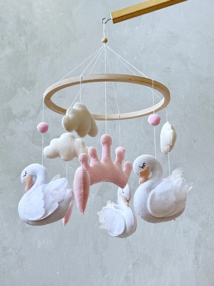 Swan mobile girl pink and white Princess crib mobile crown and hearts