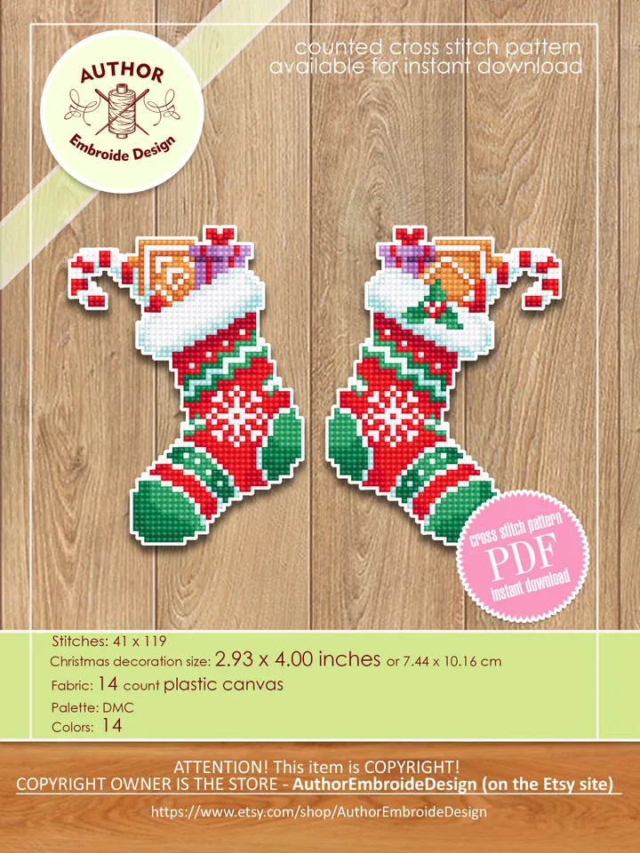 Christmas sock cross stitch pattern PDF download Double-sided Christmas tree decor for plastic canvas, Stockings cross stitch chart #N131