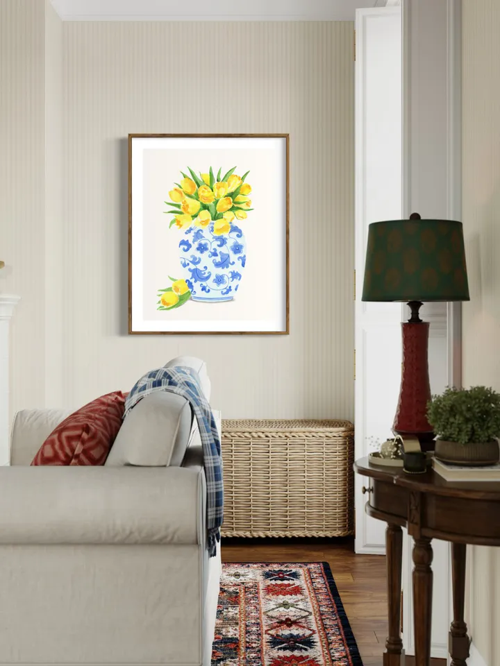 Chinoiserie Vase And Yellow Tulips, Blue White Ginger Jar, Flower Vase Painting, Vintage Chinoiserie, Ginger Vase, Apartment Decor, Print